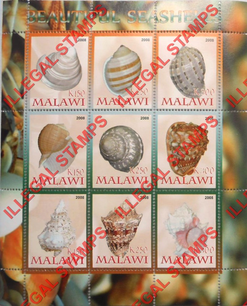 Malawi 2008 Sea Shells Illegal Stamp Sheetlet of 9 Malawi 2008 Sea Shells Illegal Stamp Sheetlet of 9