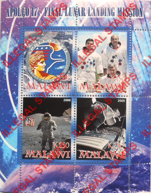 Malawi 2008 Space Apollo 17 Illegal Stamp Souvenir Sheet of 4 Malawi 2008 Space Apollo 17 Illegal Stamp Souvenir Sheet of 4