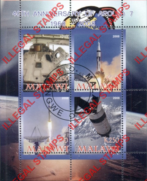 Malawi 2008 Space Apollo 7 Illegal Stamp Souvenir Sheet of 4 Malawi 2008 Space Apollo 7 Illegal Stamp Souvenir Sheet of 4