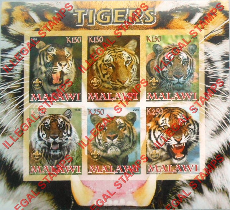 Malawi 2008 Tigers Illegal Stamp Souvenir Sheet of 6 Malawi 2008 Tigers Illegal Stamp Souvenir Sheet of 6