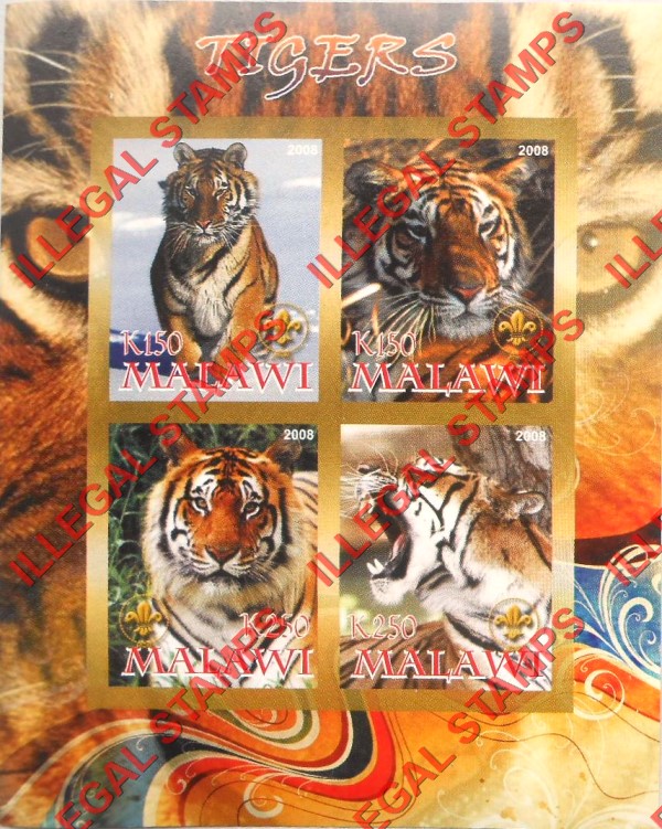 Malawi 2008 Tigers Illegal Stamp Souvenir Sheet of 4 Malawi 2008 Tigers Illegal Stamp Souvenir Sheet of 4