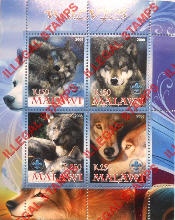 Malawi 2008 Wolves Illegal Stamp Souvenir Sheet of 4 Malawi 2008 Wolves Illegal Stamp Souvenir Sheet of 4