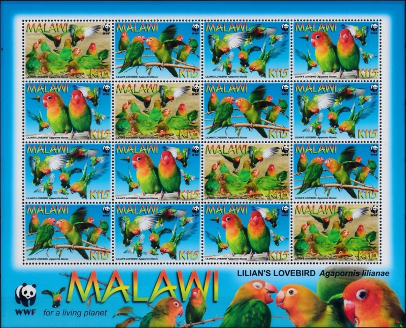 Malawi 2009 Lilian's Lovebirds WWF Sheetlet of 16 Scott 751 Malawi 2009 Lilian's Lovebirds WWF Sheetlet of 16 Scott 751