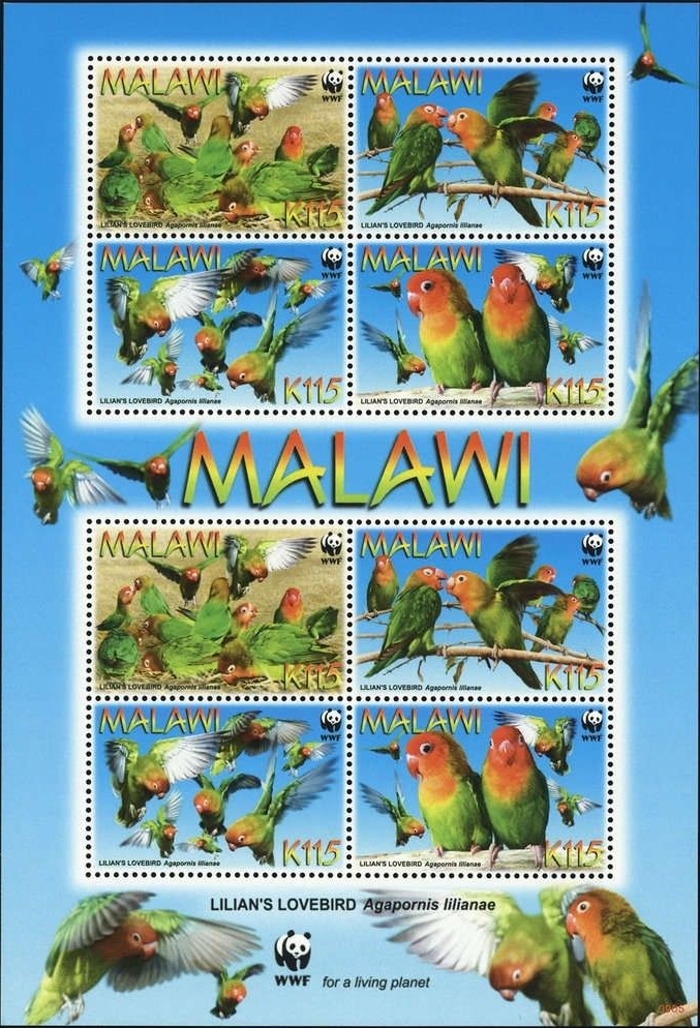 Malawi 2009 Lilian's Lovebirds WWF Souvenir Sheet of 8 Scott 751e Malawi 2009 Lilian's Lovebirds WWF Souvenir Sheet of 8 Scott 751e