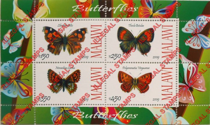 Malawi 2009 Butterflies Illegal Stamp Souvenir Sheet of 4 Malawi 2009 Butterflies Illegal Stamp Souvenir Sheet of 4