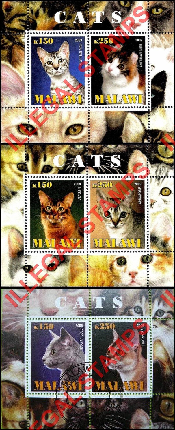 Malawi 2009 Cats Illegal Stamp Souvenir Sheets of 2 Malawi 2009 Cats Illegal Stamp Souvenir Sheets of 2