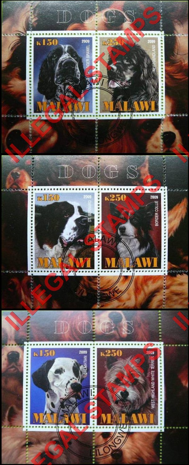 Malawi 2009 Dogs Illegal Stamp Souvenir Sheets of 2 Malawi 2009 Dogs Illegal Stamp Souvenir Sheets of 2