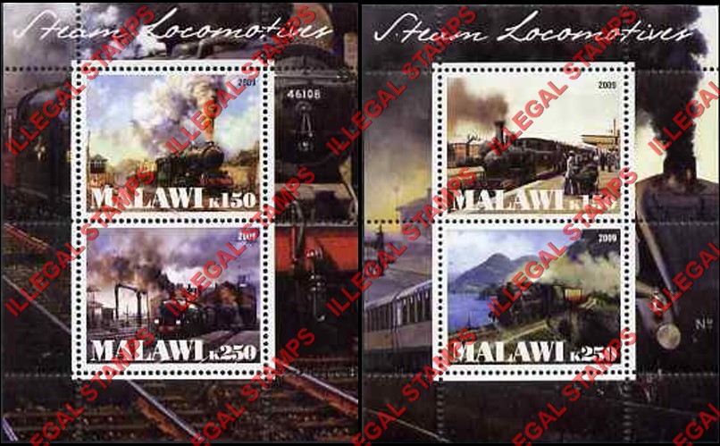 Malawi 2009 Locomotives Steam Illegal Stamp Souvenir Sheets of 2 Malawi 2009 Locomotives Steam Illegal Stamp Souvenir Sheets of 2