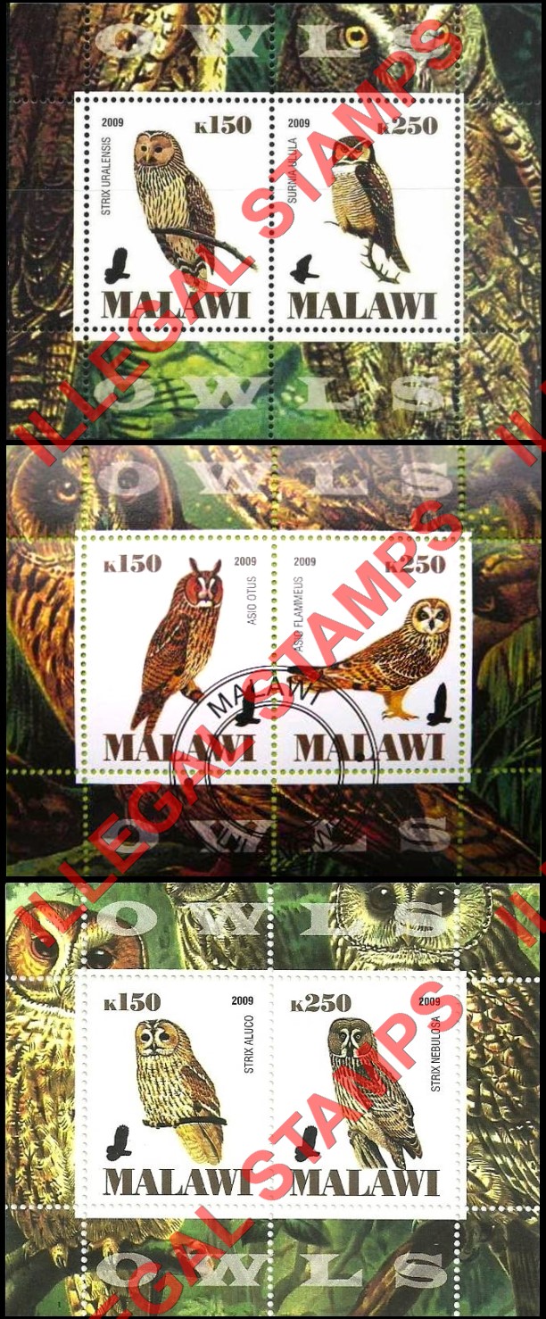 Malawi 2009 Owls Illegal Stamp Souvenir Sheets of 2 Malawi 2009 Owls Illegal Stamp Souvenir Sheets of 2