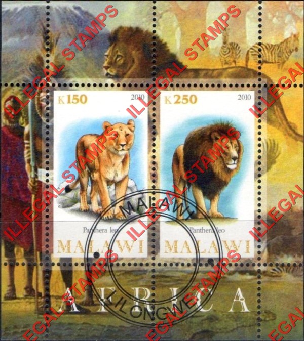 Malawi 2010 Africa Lions Illegal Stamp Souvenir Sheet of 2 Malawi 2010 Africa Lions Illegal Stamp Souvenir Sheet of 2