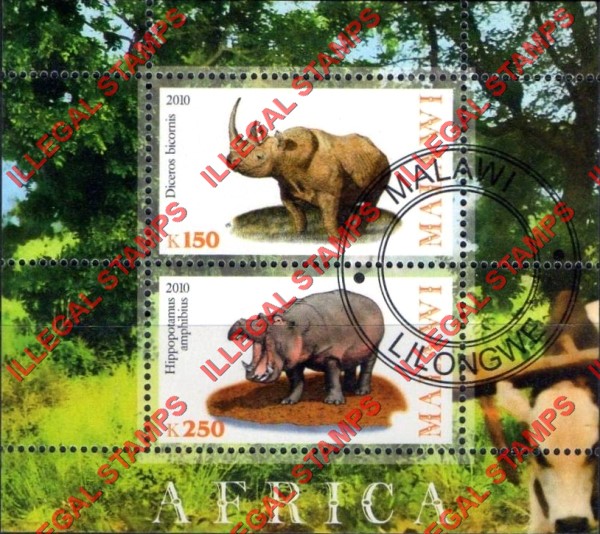 Malawi 2010 Africa Rhinoceros and Hippopotamus Illegal Stamp Souvenir Sheet of 2 Malawi 2010 Africa Rhinoceros and Hippopotamus Illegal Stamp Souvenir Sheet of 2