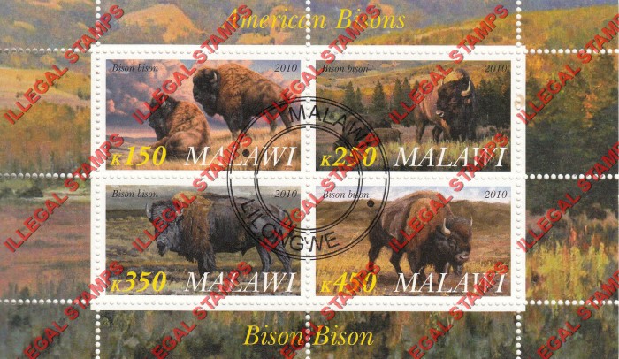 Malawi 2010 American Bisons Illegal Stamp Souvenir Sheet of 4 Malawi 2010 American Bisons Illegal Stamp Souvenir Sheet of 4
