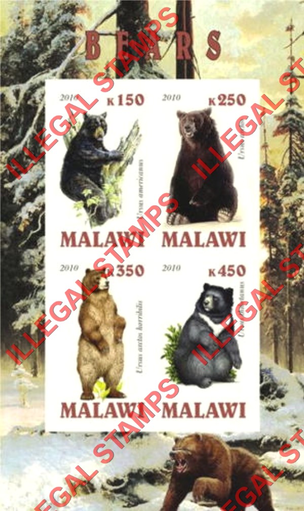 Malawi 2010 Bears Illegal Stamp Souvenir Sheet of 4 Malawi 2010 Bears Illegal Stamp Souvenir Sheet of 4