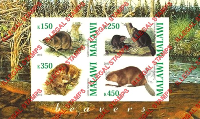 Malawi 2010 Beavers Illegal Stamp Souvenir Sheet of 4 Malawi 2010 Beavers Illegal Stamp Souvenir Sheet of 4