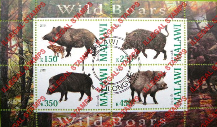 Malawi 2010 Wild Boars Illegal Stamp Souvenir Sheet of 4 Malawi 2010 Wild Boars Illegal Stamp Souvenir Sheet of 4