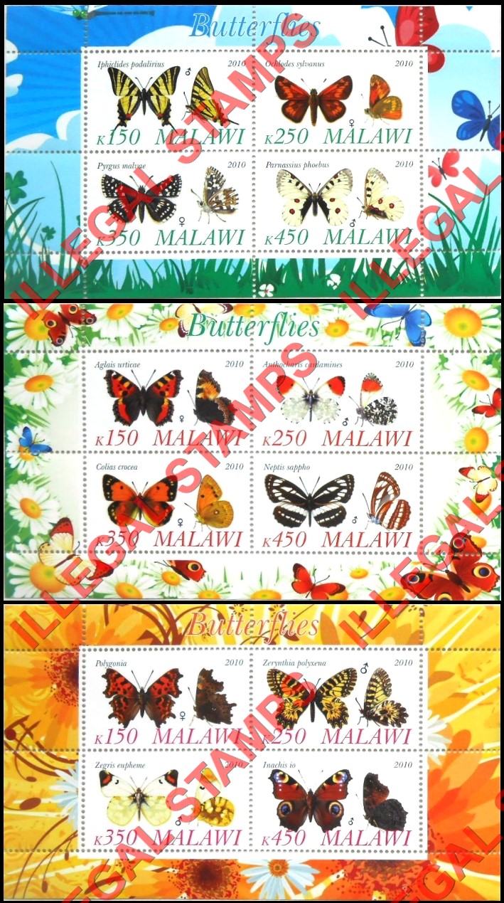 Malawi 2010 Butterflies Illegal Stamp Souvenir Sheets of 4 (Part 1) Malawi 2010 Butterflies Illegal Stamp Souvenir Sheets of 4 (Part 1)