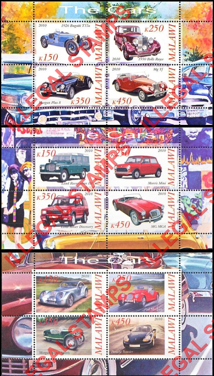 Malawi 2010 Cars Illegal Stamp Souvenir Sheets of 4 (Part 1) Malawi 2010 Cars Illegal Stamp Souvenir Sheets of 4 (Part 1)