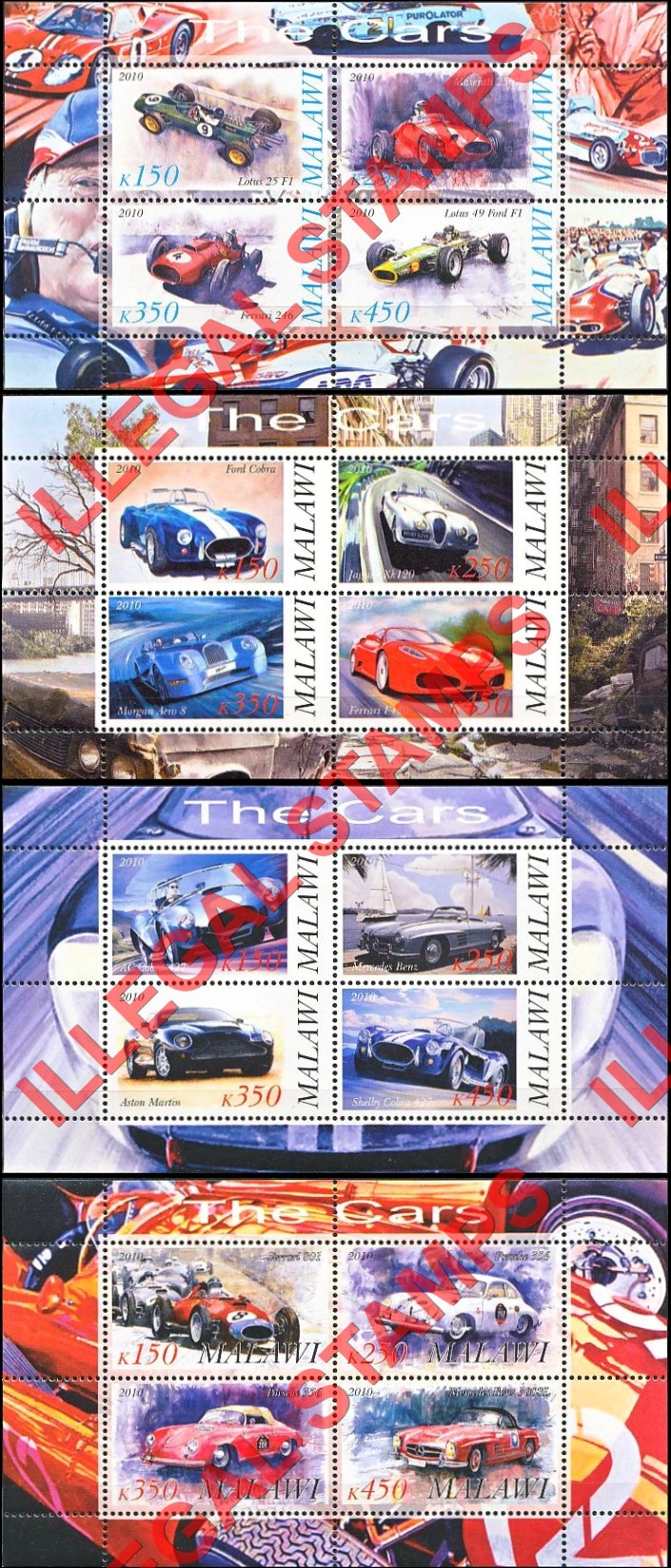 Malawi 2010 Cars Illegal Stamp Souvenir Sheets of 4 (Part 2) Malawi 2010 Cars Illegal Stamp Souvenir Sheets of 4 (Part 2)
