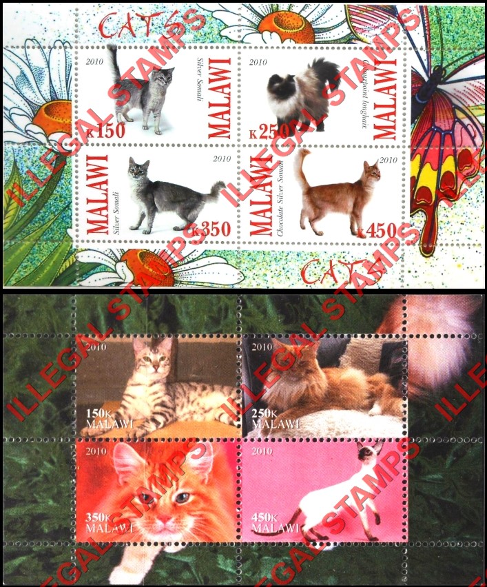 Malawi 2010 Cats Illegal Stamp Souvenir Sheets of 4 Malawi 2010 Cats Illegal Stamp Souvenir Sheets of 4