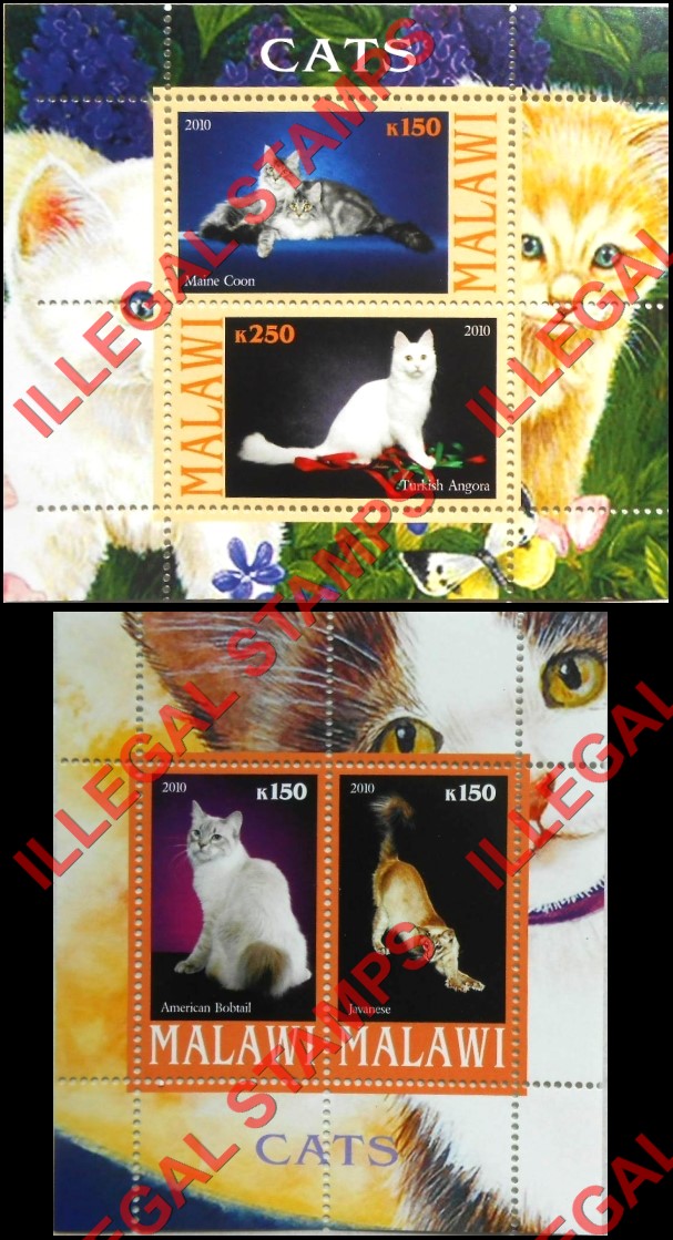 Malawi 2010 Cats Illegal Stamp Souvenir Sheets of 2 (Part 1) Malawi 2010 Cats Illegal Stamp Souvenir Sheets of 2 (Part 1)