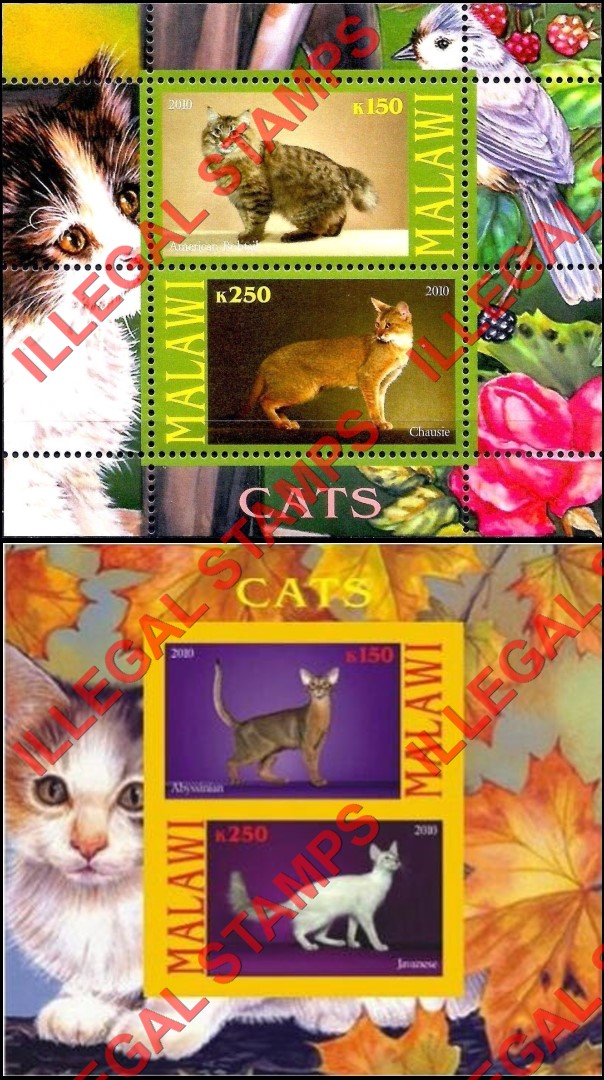 Malawi 2010 Cats Illegal Stamp Souvenir Sheets of 2 (Part 2) Malawi 2010 Cats Illegal Stamp Souvenir Sheets of 2 (Part 2)