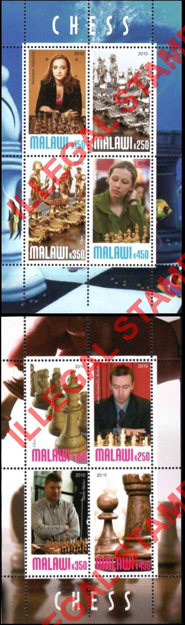 Malawi 2010 Chess Illegal Stamp Souvenir Sheets of 4 Malawi 2010 Chess Illegal Stamp Souvenir Sheets of 4