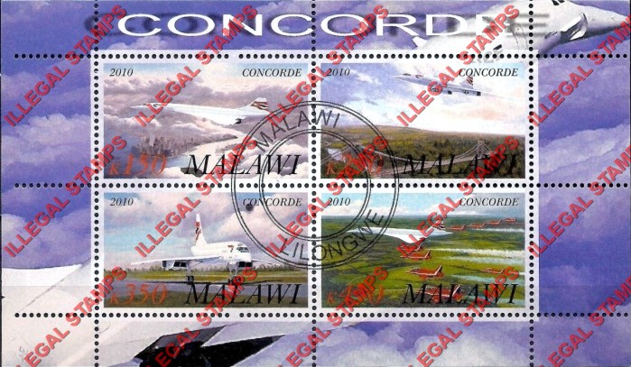 Malawi 2010 Concorde Illegal Stamp Souvenir Sheet of 4 Malawi 2010 Concorde Illegal Stamp Souvenir Sheet of 4