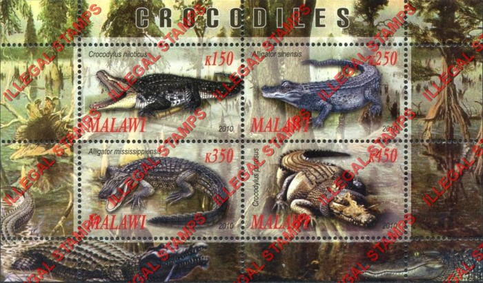 Malawi 2010 Crocodiles Illegal Stamp Souvenir Sheet of 4 Malawi 2010 Crocodiles Illegal Stamp Souvenir Sheet of 4