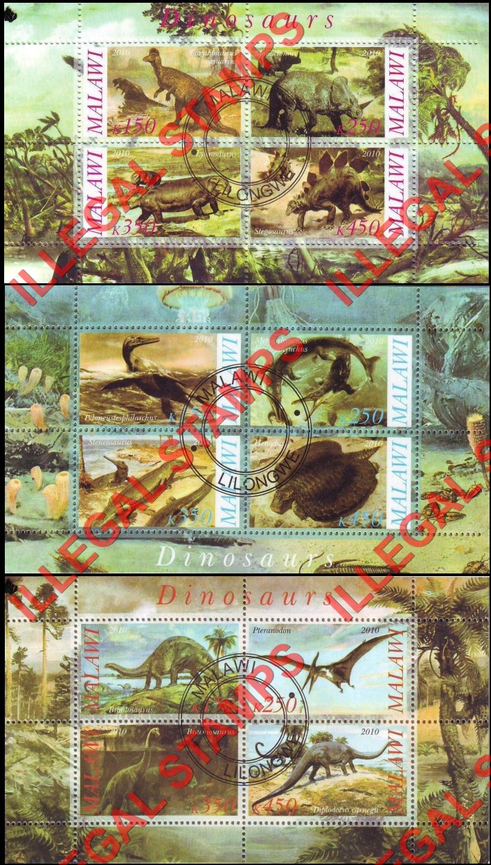 Malawi 2010 Dinosaurs Illegal Stamp Souvenir Sheets of 4 (Part 1) Malawi 2010 Dinosaurs Illegal Stamp Souvenir Sheets of 4 (Part 1)