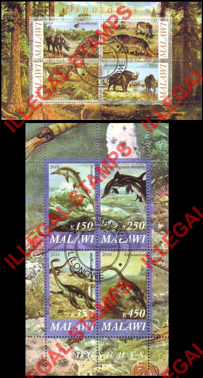 Malawi 2010 Dinosaurs Illegal Stamp Souvenir Sheets of 4 (Part 3) Malawi 2010 Dinosaurs Illegal Stamp Souvenir Sheets of 4 (Part 3)