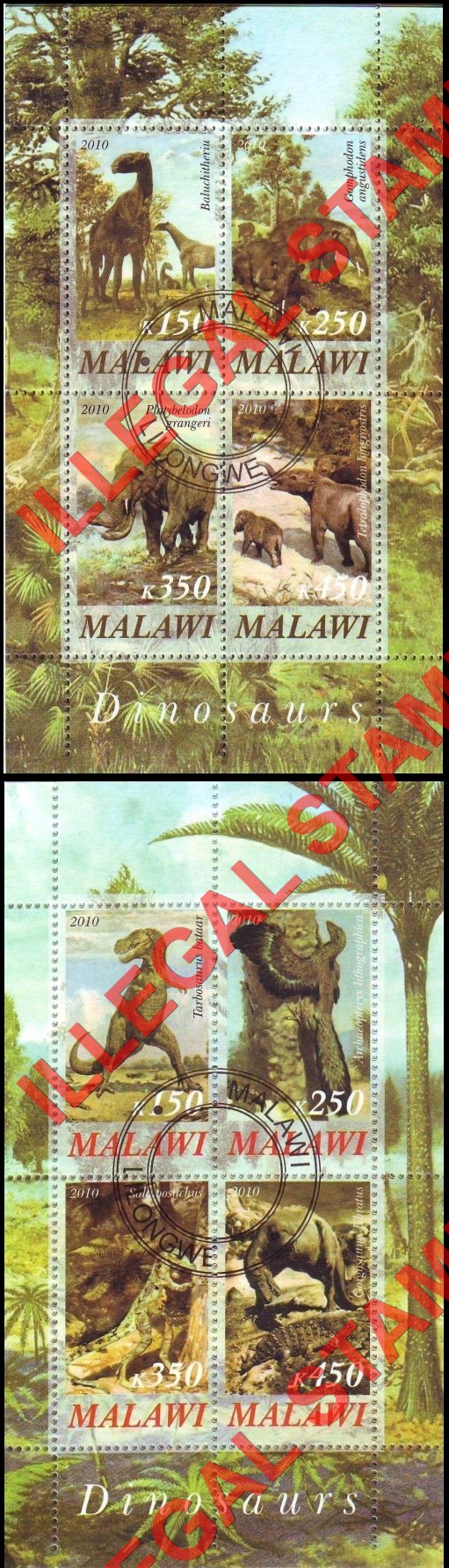 Malawi 2010 Dinosaurs Illegal Stamp Souvenir Sheets of 4 (Part 4) Malawi 2010 Dinosaurs Illegal Stamp Souvenir Sheets of 4 (Part 4)