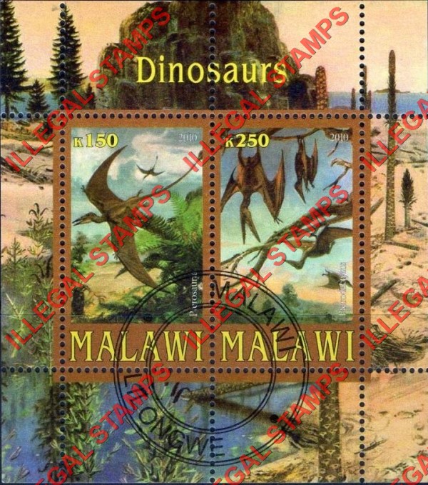 Malawi 2010 Dinosaurs Illegal Stamp Souvenir Sheet of 2 Malawi 2010 Dinosaurs Illegal Stamp Souvenir Sheet of 2