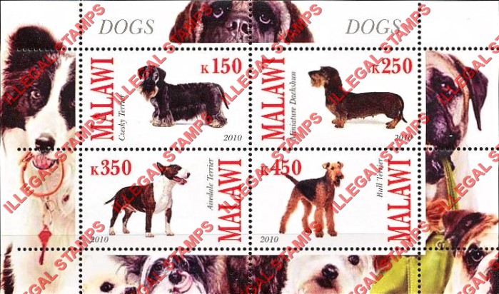 Malawi 2010 Dogs Illegal Stamp Souvenir Sheet of 4 Malawi 2010 Dogs Illegal Stamp Souvenir Sheet of 4