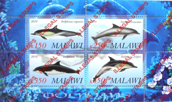Malawi 2010 Dolphins Illegal Stamp Souvenir Sheet of 4 Malawi 2010 Dolphins Illegal Stamp Souvenir Sheet of 4