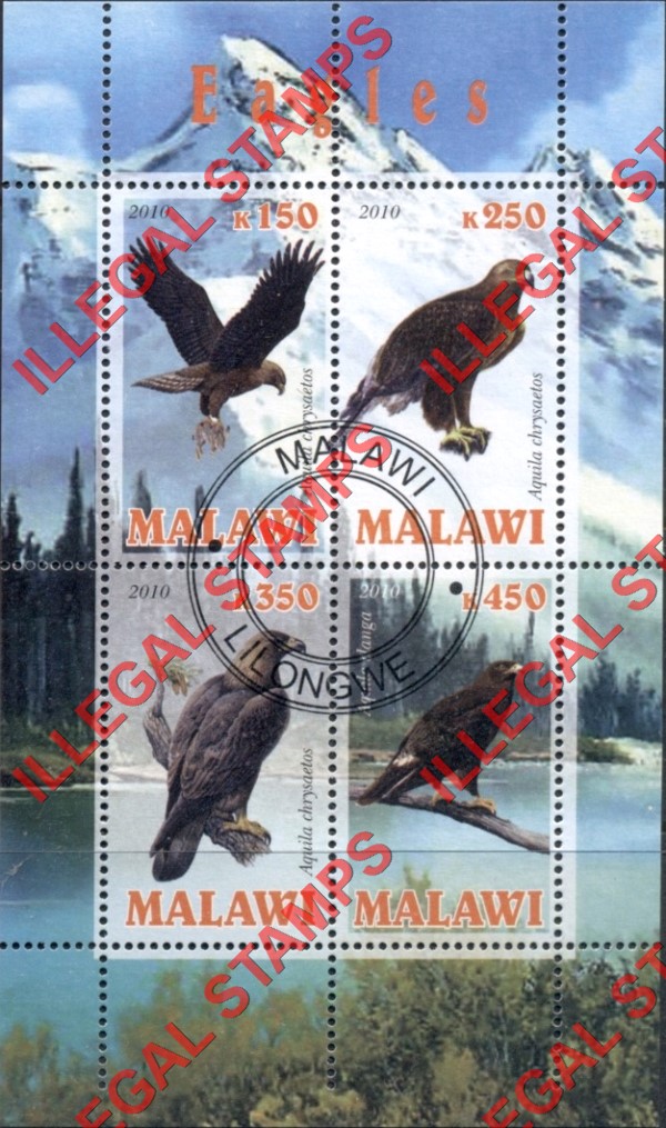 Malawi 2010 Eagles Illegal Stamp Souvenir Sheet of 4 Malawi 2010 Eagles Illegal Stamp Souvenir Sheet of 4