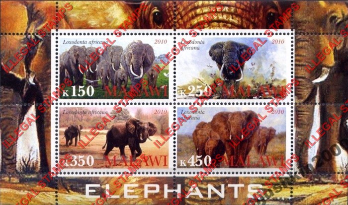 Malawi 2010 Elephants Illegal Stamp Souvenir Sheet of 4 Malawi 2010 Elephants Illegal Stamp Souvenir Sheet of 4