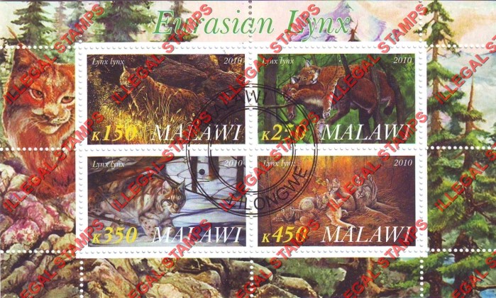 Malawi 2010 Eurasian Lynx Illegal Stamp Souvenir Sheet of 4 Malawi 2010 Eurasian Lynx Illegal Stamp Souvenir Sheet of 4