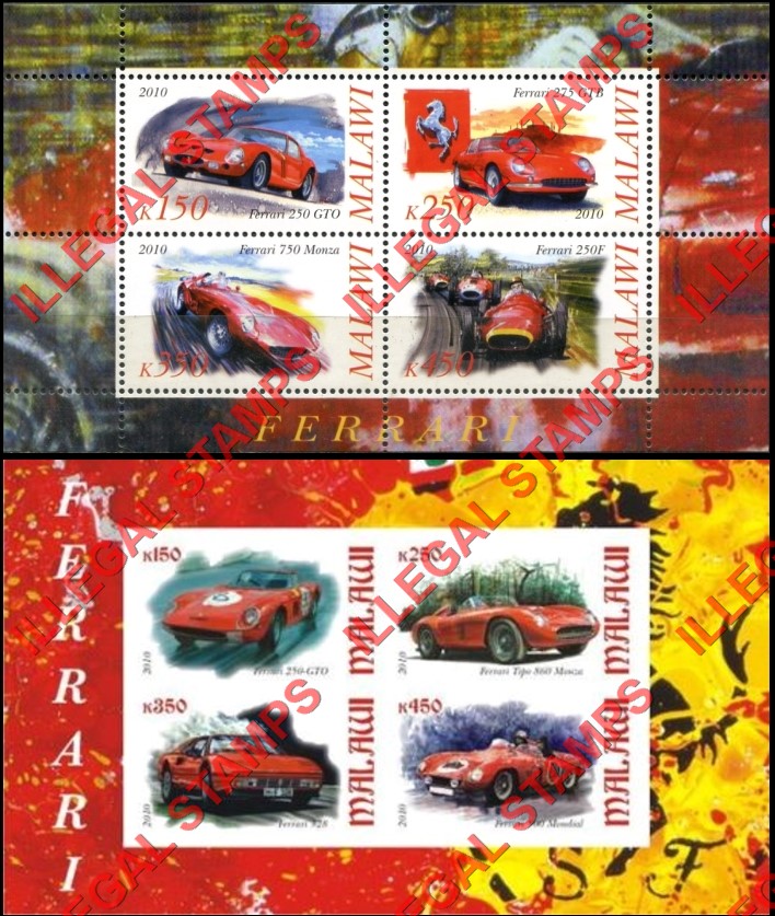 Malawi 2010 Ferrari Illegal Stamp Souvenir Sheets of 4 Malawi 2010 Ferrari Illegal Stamp Souvenir Sheets of 4