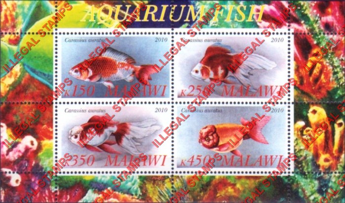 Malawi 2010 Fish (Aquarium) Illegal Stamp Souvenir Sheet of 4 Malawi 2010 Fish (Aquarium) Illegal Stamp Souvenir Sheet of 4