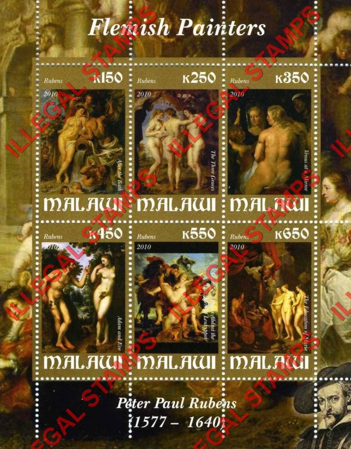 Malawi 2010 Flemish Painters Rubens Illegal Stamp Souvenir Sheet of 6 Malawi 2010 Flemish Painters Rubens Illegal Stamp Souvenir Sheet of 6