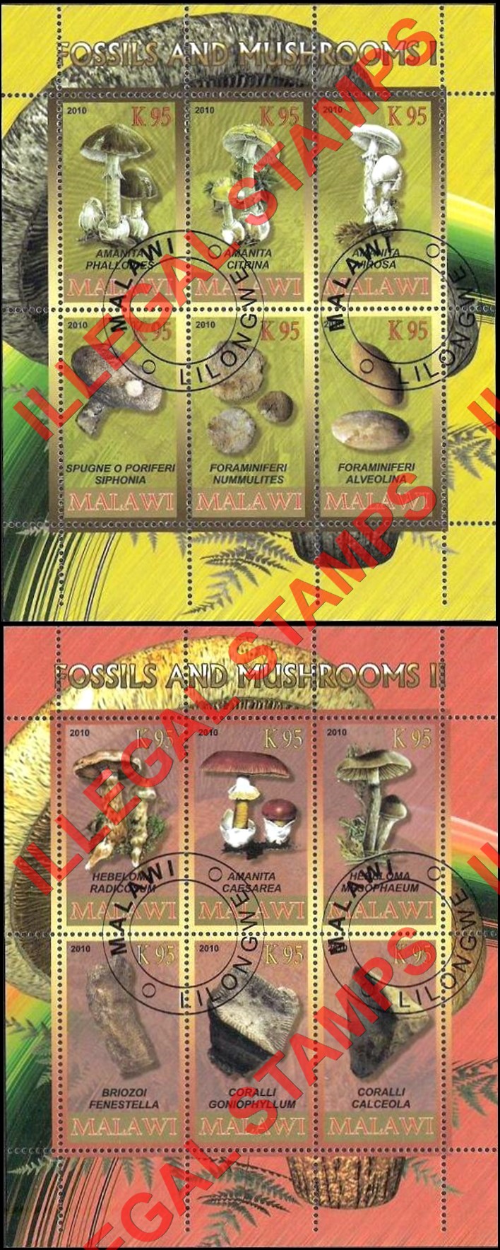 Malawi 2010 Fossils and Mushrooms Illegal Stamp Souvenir Sheets of 6 (Part 1) Malawi 2010 Fossils and Mushrooms Illegal Stamp Souvenir Sheets of 6 (Part 1)