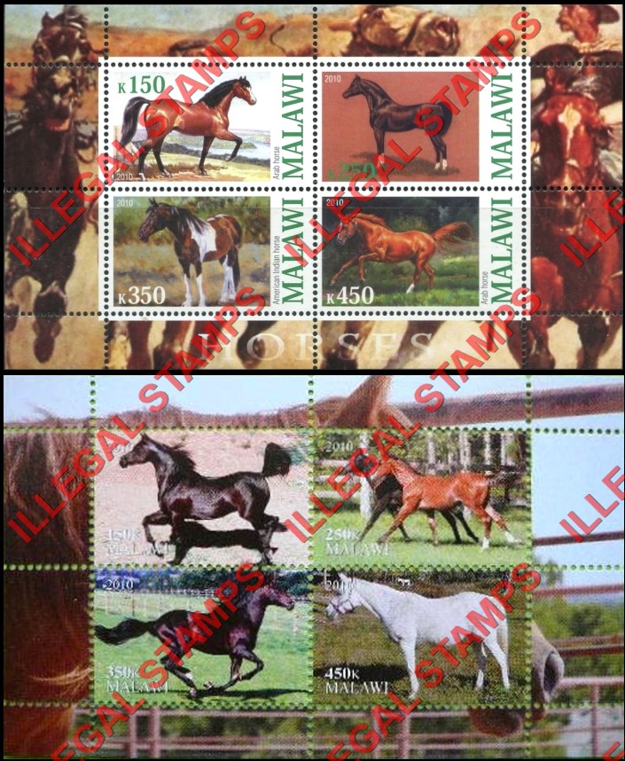 Malawi 2010 Horses Illegal Stamp Souvenir Sheets of 4 Malawi 2010 Horses Illegal Stamp Souvenir Sheets of 4