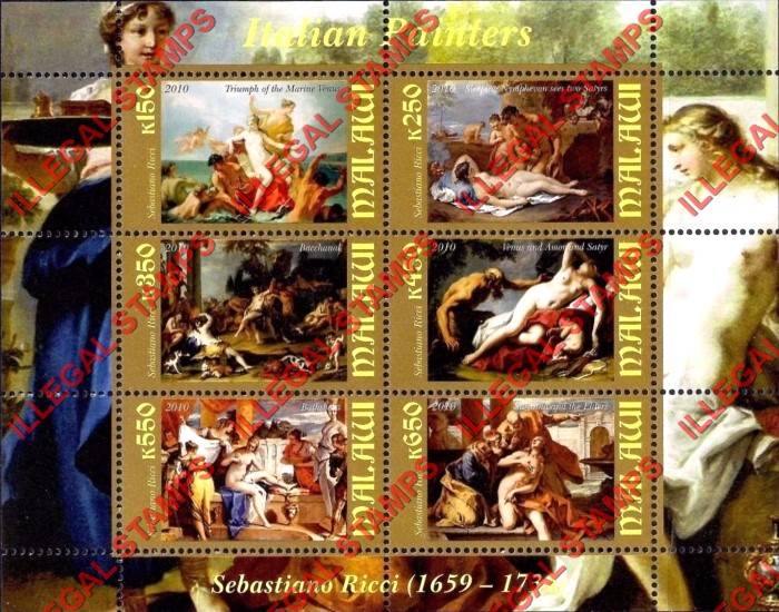 Malawi 2010 Italian Painters Ricci Illegal Stamp Souvenir Sheet of 6 Malawi 2010 Italian Painters Ricci Illegal Stamp Souvenir Sheet of 6