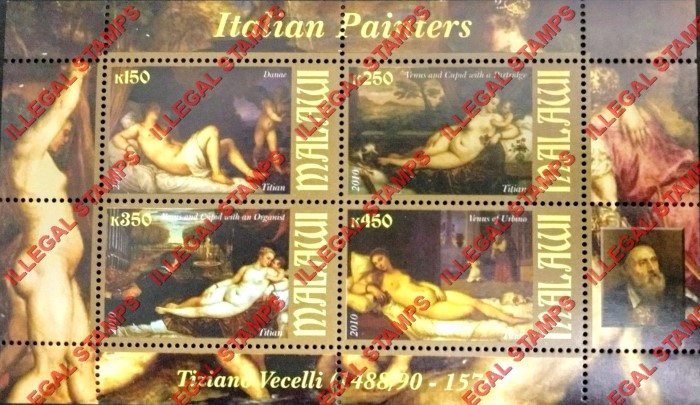 Malawi 2010 Italian Painters Vecelli Illegal Stamp Souvenir Sheet of 4 Malawi 2010 Italian Painters Vecelli Illegal Stamp Souvenir Sheet of 4