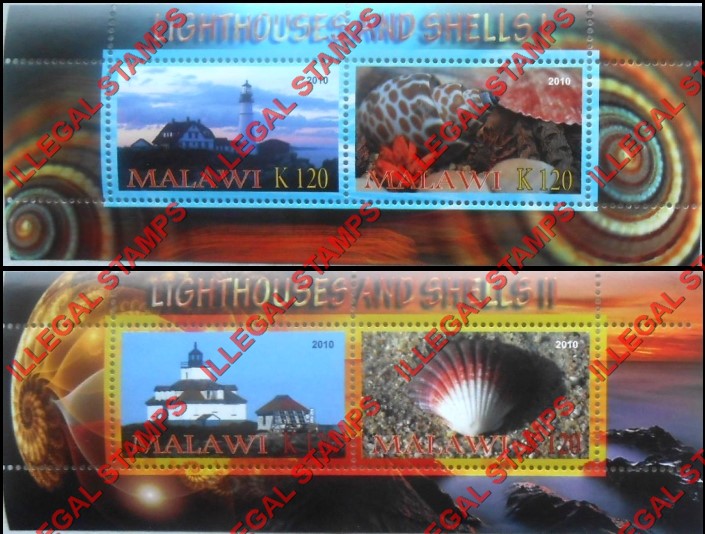 Malawi 2010 Lighthouses and Shells Illegal Stamp Souvenir Sheets of 2 Malawi 2010 Lighthouses and Shells Illegal Stamp Souvenir Sheets of 2