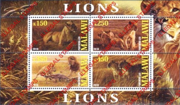 Malawi 2010 Lions Illegal Stamp Souvenir Sheet of 4 Malawi 2010 Lions Illegal Stamp Souvenir Sheet of 4