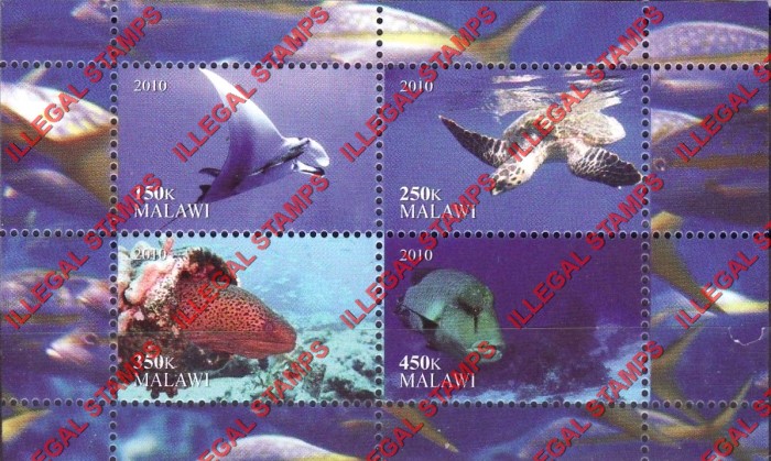Malawi 2010 Marine Life Illegal Stamp Souvenir Sheet of 4 Malawi 2010 Marine Life Illegal Stamp Souvenir Sheet of 4