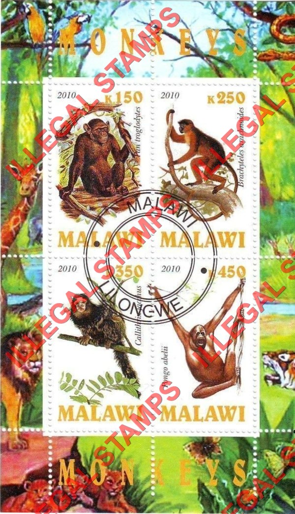 Malawi 2010 Monkeys Illegal Stamp Souvenir Sheet of 4 Malawi 2010 Monkeys Illegal Stamp Souvenir Sheet of 4