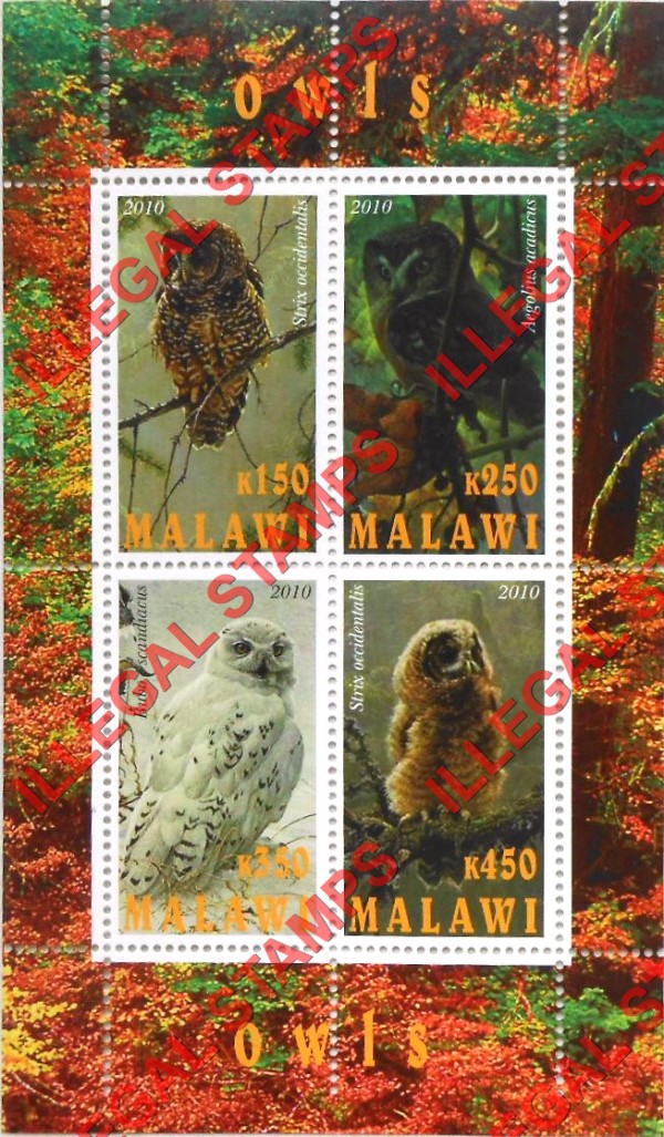 Malawi 2010 Owls Illegal Stamp Souvenir Sheet of 4 Malawi 2010 Owls Illegal Stamp Souvenir Sheet of 4