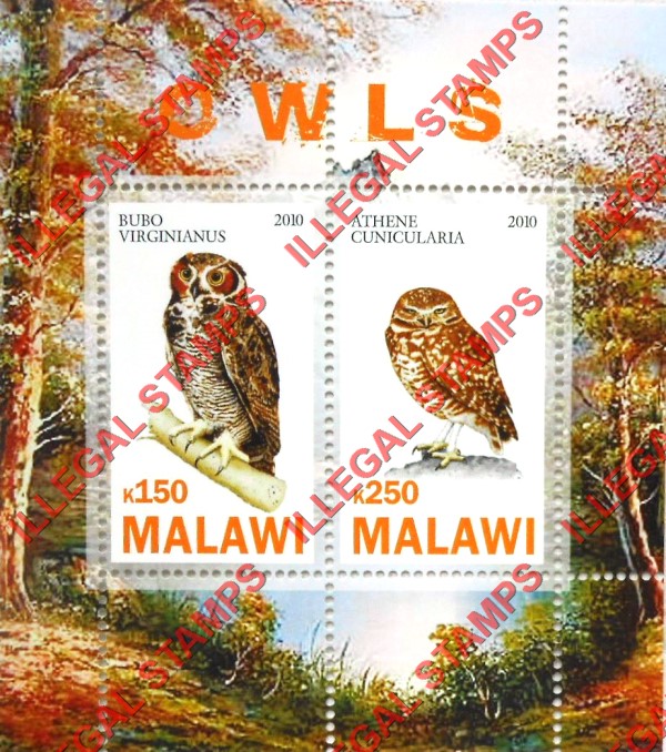 Malawi 2010 Owls Illegal Stamp Souvenir Sheet of 2 Malawi 2010 Owls Illegal Stamp Souvenir Sheet of 2